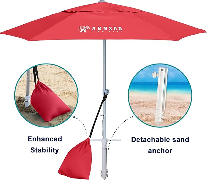 AMMSUN 8ft Large Beach Umbrellas for Sand Heavy Huty Wind Portable Commercial Grade Patio Beach Umbrella with Sand Anchor Adjustable Height Air Vent UPF 50+ Telescoping Pole without tilt Red