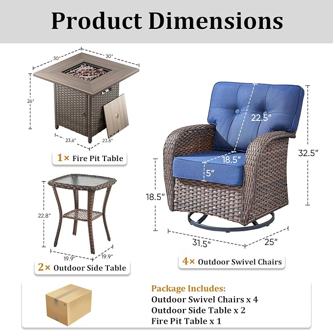 7 Piece Outdoor Patio Furniture Set with 30" Fire Pit Table,Conversation Sectional Wicker Couch with Swivel Chairs,Modern Outside Sofa for Balcony Backyard, Brown/Blue