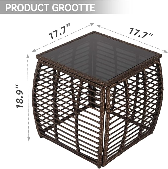 Square Outdoor Side Table - Patio Rattan End Table with Glass Tabletop, Wicker Outdoor Fashionable Coffee Table for Garden, Backyard, Porch, Black Gold