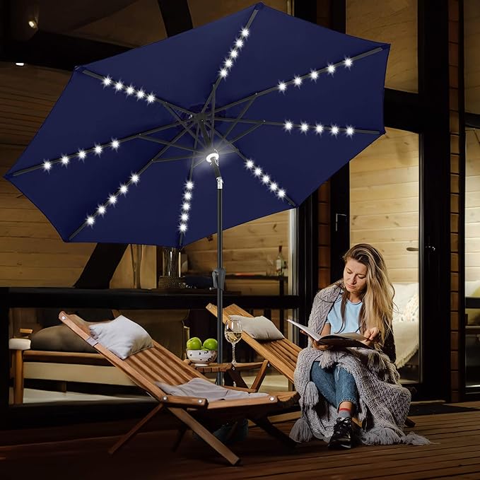 FLAME&SHADE 9 FT outdoor umbrella with 40LED lights, solar light patio umbrella with Centre Surround Light, Table Market Umbrella Outdoor Patiofor Deck, Pool, Backyard, Garden (Navy Blue)