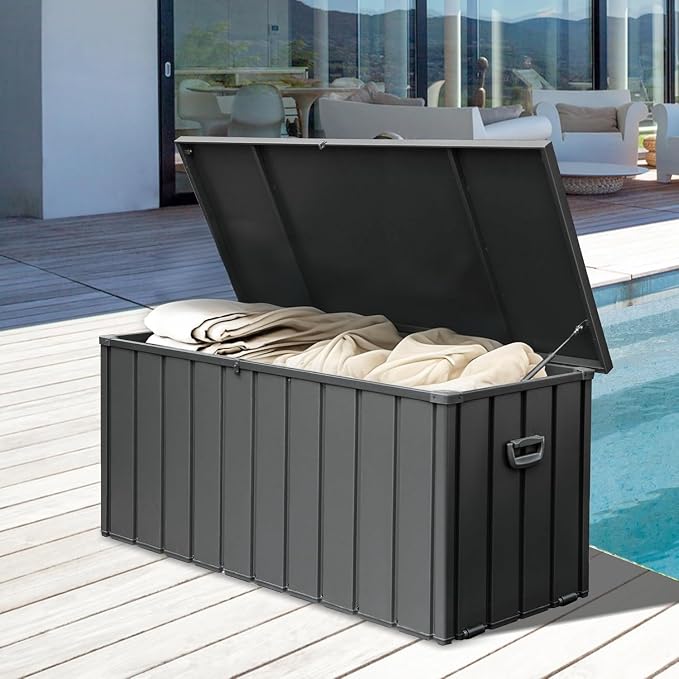 LuckyNote】190 Gallon Metal Deck Box, Waterproof Steel Outdoor Box, Large Patio Furniture Storage Cabinet, Lockable Storage Bench for Porch Package Delivery,Pool, Tools, Backyard (Dark Gray)
