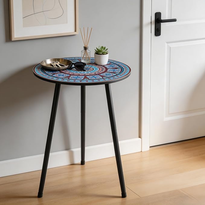 Outdoor Side Table Set of 2 Patio Side Tables for Outside Black End Tables Small Outdoor Table Round Patio End Table Metal Side Table Outside, Indoor, Bedroom, Living Room, Small Spaces, Azure Mosaic