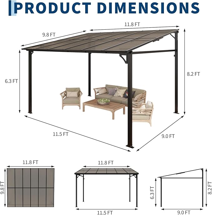 10x12ft Lean to Gazebo with Polycarbonate Hardtop Roof - Hardtop Wall Pergola, Aluminum Frame Wall Mounted Gazebo for Patio, Deck, Yard, Garden & Party Shade