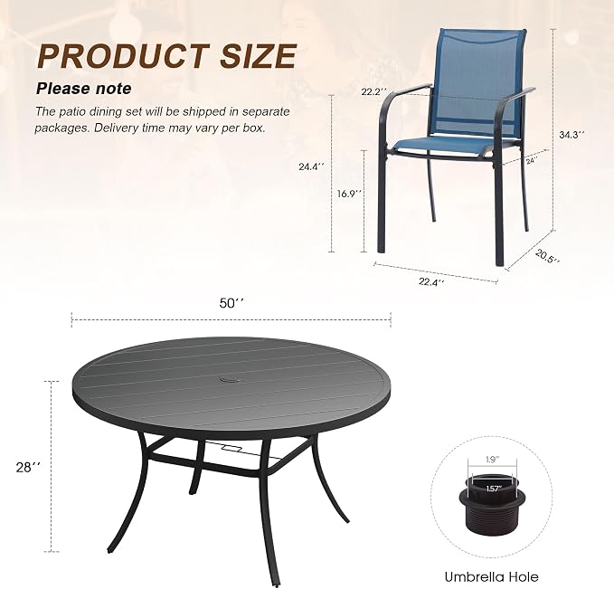 7 Pieces Patio Dining Set, 50" Round Dining Table with Umbrella Hole, 6 Stackable Textilene Fabric Chairs, Metal Structure for Patio, Porch, Garden(Black Table, Dark Blue Chair)