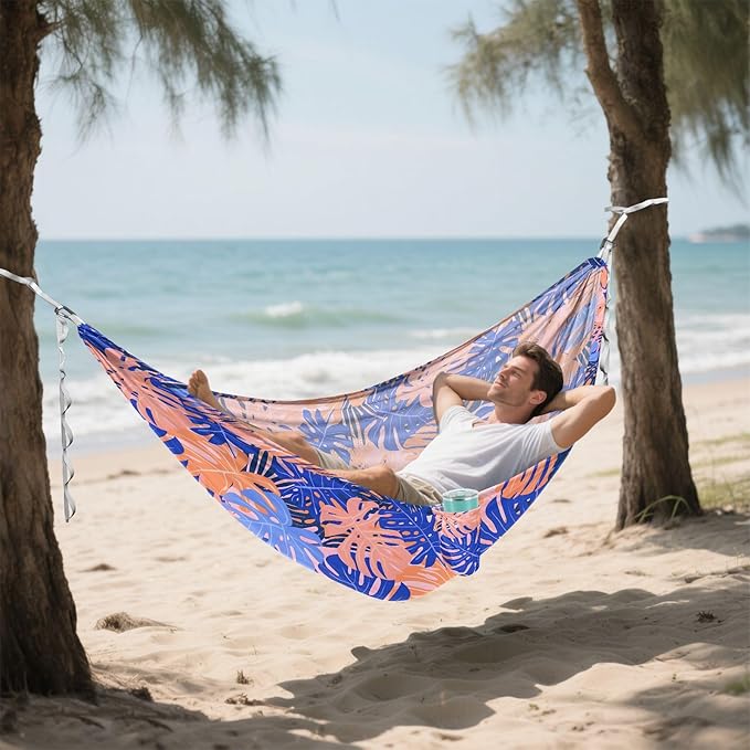 Camping Hammock Outdoor Hammocks for Outside Blue Pink Tropical Leaf Beach Trees Portable Lightweight with Pockets Tree Straps Indoor