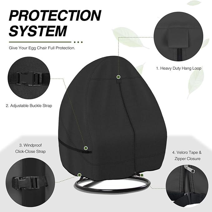 Porch Shield Patio Hanging Egg Chair Cover - 600D Waterproof Outdoor Double Seat Wicker Swing Egg Chair with Stand Protector, Black