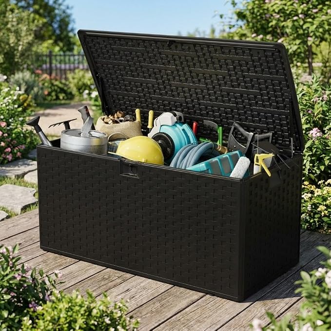 CABIHOME 99 Gallon Outdoor Resin Deck Box, Waterproof Lockable Patio Storage Bench with Handles, Large All-Weather Container for Furniture Cushions Garden Tools Pool Accessories