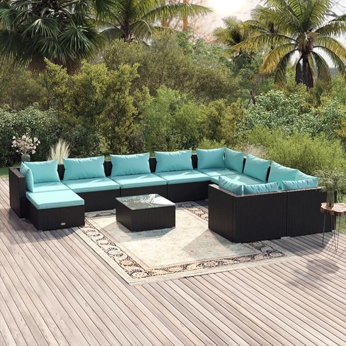 11 Piece Patio Lounge Set with Cushion, Piece Patio Set Patio Lounge Set Outdoor Patio Sectional Furniture Conversation Sets s Poly Rattan Black