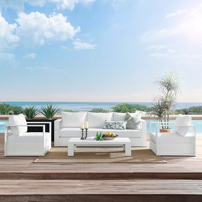 Modway Tahoe 4-Piece Outdoor Patio Set, White, Armchairs, Sofa, Coffee Table