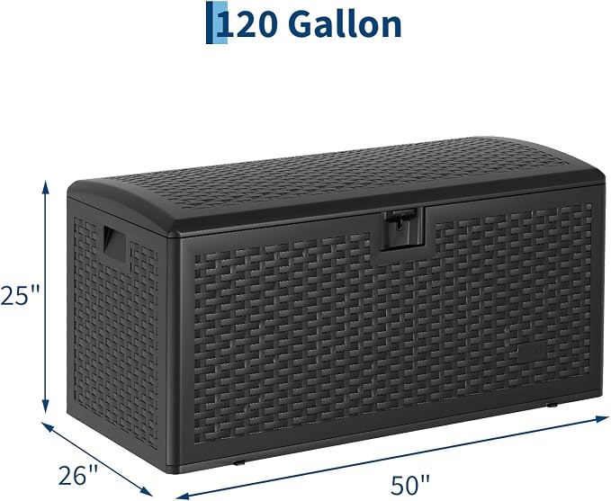 Jojoka 120 Gallon Lockable Outdoor Storage Box - Waterproof UV-Resistant HDPE Resin Deck Box with Gas Spring Lid - Great for Patio Furniture Cushions, Garden Tools, Pool Supplies - Black, Gas Spring