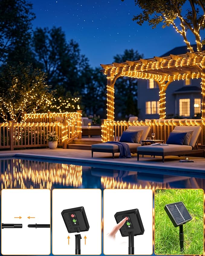 btfarm Solar Rope Lights, 120LED 46FT Solar String Lights Outdoor Waterproof, 8 Lighting Modes Solar Powered Strip Trampoline Light for Outside Garden Tree Christmas Yard Patio Decor, Warm White