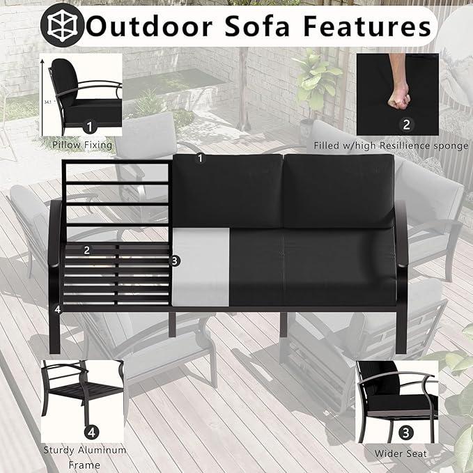 Aluminum Patio Furniture Set with Rectangular Coffee Table, 5 Seats Outdoor Patio Conversation Sets w/5.1" Cushions,Patio Conversation Sets for Garden, Backyard, Porch-Black