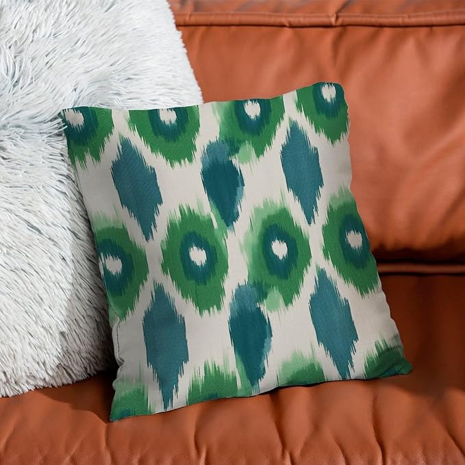 Green and Aqua Bukhara Ikat Pillowcase Peacock Strip Print Throw Pillow Cover Classic Modern Decorative Pillow Covers for Patio Furniture Garden 26x26 in