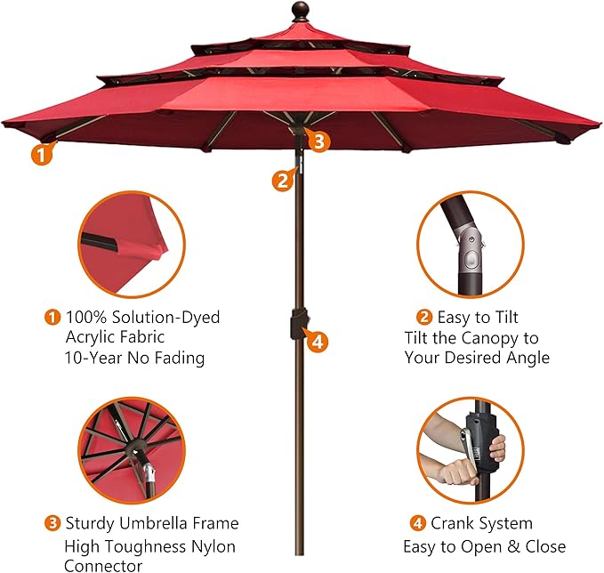 EliteShade USA 10-Year-Non-Fading 10ft 3-Tier Market Patio Umbrella, Commercial Grade Outdoor Table Umbrella with Crank Open, Windproof & UPF 50+ UV Protection, Heavy Duty Ventilation for Garden, Deck, Pool, Backyard, Beach & Bistro, Logo Red