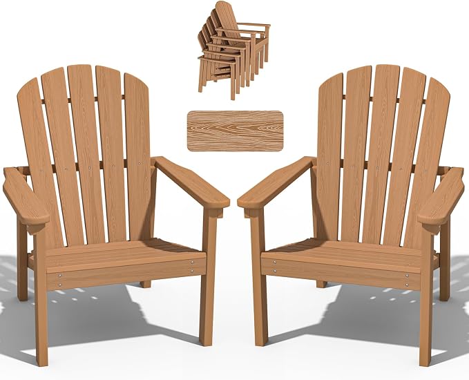 nevilywood Compact Stackable Adirondack Chairs Set of 2,HDPE,380lbs,Teak | 26.3" Wide HDPE.All-Weather Outdoor.Maintenance-Free.Stackable for Storage.25°Curved Straight Backrest.Quick Assembly