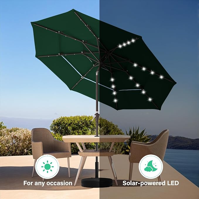 JEAREY 3 Tiers Patio Umbrella with Solar Lights 9ft Outdoor Market Table Umbrellas with Push Button Tilt for Outside Pool Garden, Dark Green