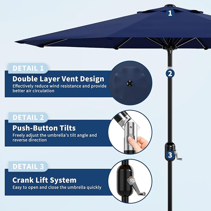 CABIHOME 10 ft Outdoor Patio Umbrella, Outdoor Table Umbrella with 8 Sturdy Ribs | Crank Lift & Push Button Tilt, Yard Umbrella, Market Umbrella for Garden Pool Deck Yard