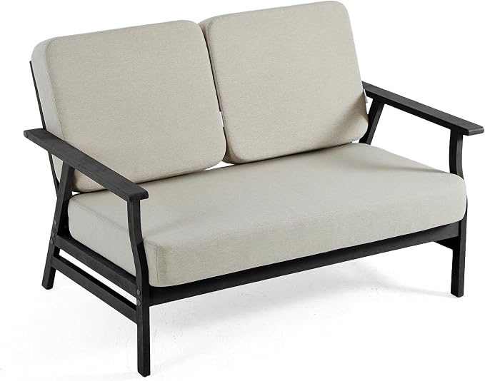 3 Pieces Patio Furniture Sets, Black Wood Outdoor Sectional Furniture with Coffee Table, 5 Seats Patio Sofa Couch Conversation Set for Backyard Deck - Light Camel