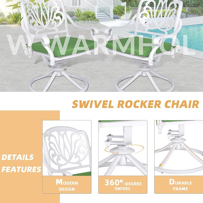 9-Piece Patio Dining Set, Outdoor Patio Table and Chair Set of 84” Oval Cast Aluminum Dining Table with Umbrella Hole, 6 Stationary, 2 Swivel Rocker Chairs, Patio Funiture Set, White