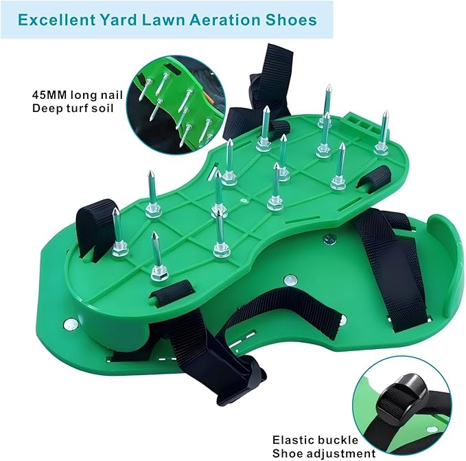 Lawn Aerator Shoes Upgrades Aeration Shoes for Lawn Heavy Strap Spike Shoes for Grass Soil Aerating Spikes Tool (Green)
