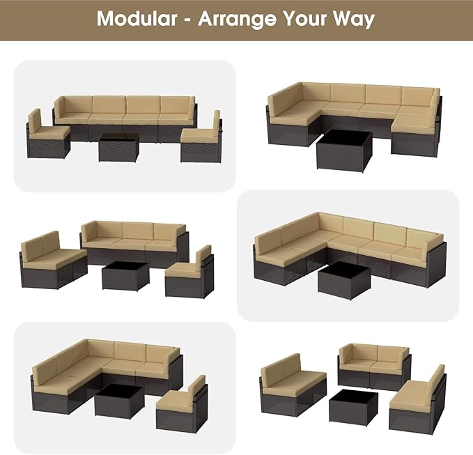 kinbor 7 Piece Outdoor Furniture Set - Waterproof Brown PE Wicker Patio Sofa with Cushions for Backyard, Poolside & Porch, Khaki