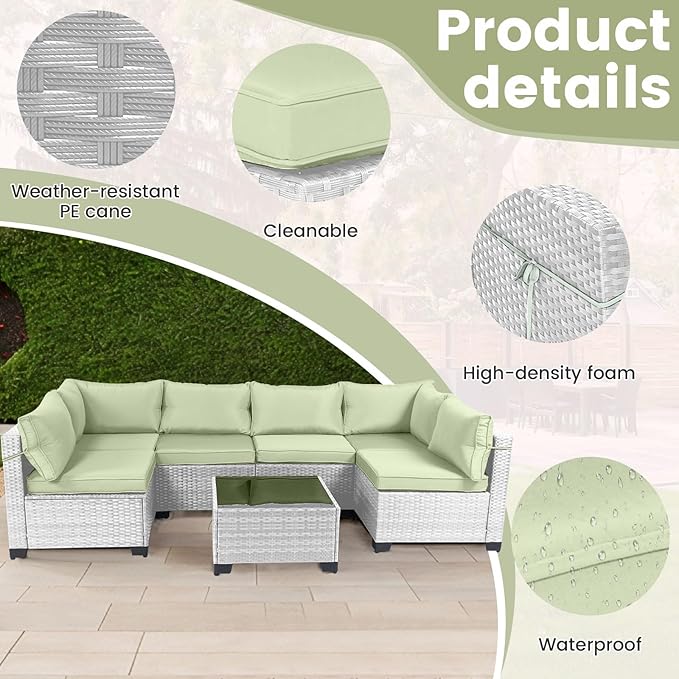 CHABATREE 7 Pieces Outdoor Patio Furniture Sets,Rattan Conversation Sectional Set,Manual Weaving Wicker Patio Sofa with Tea Table