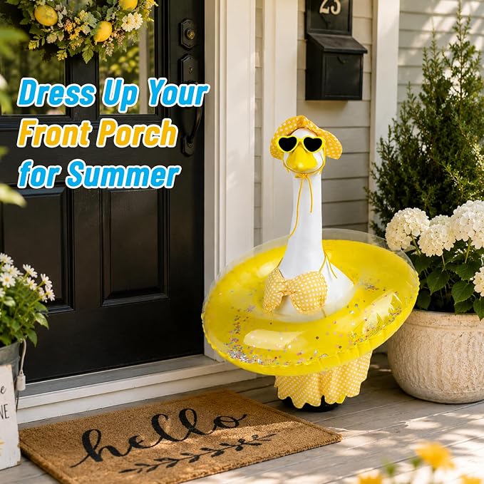 Porch Goose Outfit, Summer Yellow Bikini Set for 23 Inch Porch Goose with Pool Float, Hat and Sunglasses, Yard Porch Decor