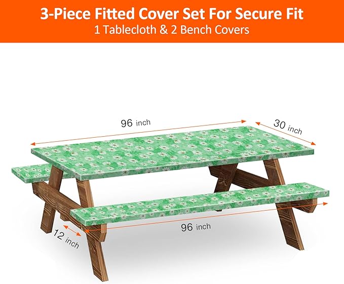 KENOBEE 8ft Picnic Table and Bench Cover, Camping Essentials RV Gear, 96 in Waterproof Windproof Outdoor Elastic All Around Tablecloth, Fitted Rectangle Tables and Seats, Green Chrysanthemum