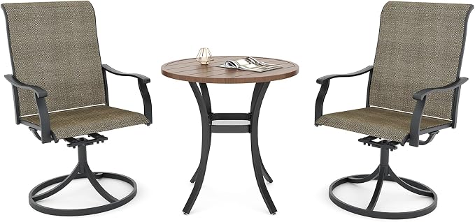 Anmutig Small Outdoor Set with 27.5 Inch Brown Top Round Patio Table and Tan Grey Textilene Swivel Rocker Chairs - 3 Piece Style1