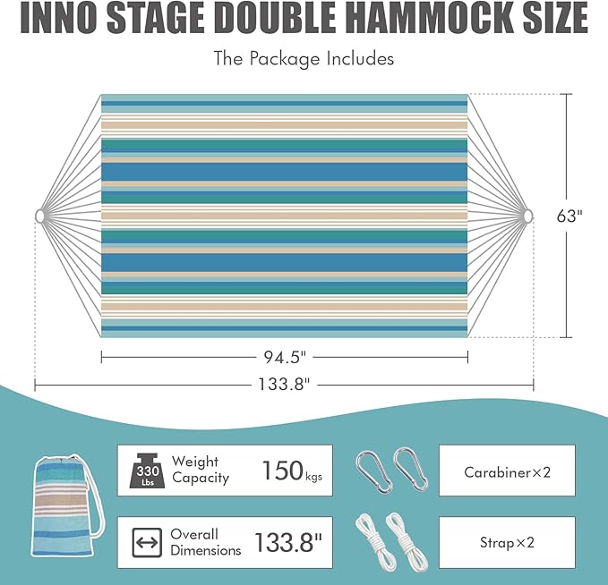 INNO STAGE 2 Persons Hammock with Tree Straps - Brazilian Double Hammocks, Portable Hanging Camping Bed for Patio, Backyard, Porch, Outdoor and Indoor Use Soft Cotton Carrying Bag, Blue, XX-Large