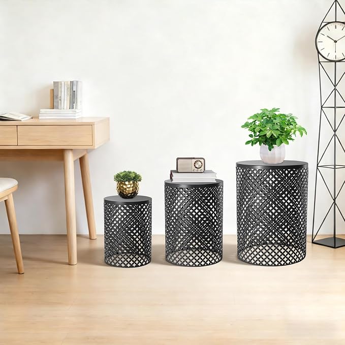 3 Piece Outdoor Coffee Table Side Table Set, Black Metal Round End Tables for Patio, Small Stackable Nesting Tables, Heavy Duty Decorative Accent Table Garden Stools for Balcony, Indoor Living Room