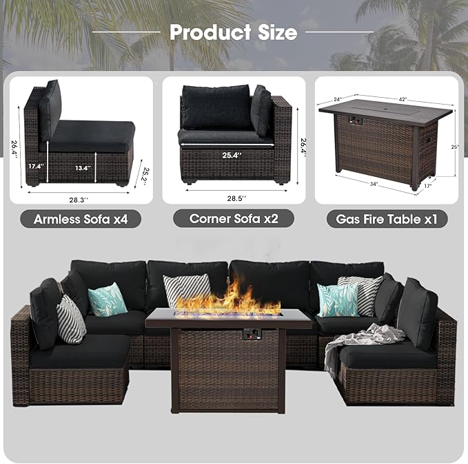 Grezone Patio Furniture Set,7 Piece Patio Furniture Set with Fire Pit Table,PE Wicker Rattan Sectional Sofa Patio Conversation Set with Thickened Cushions, Black