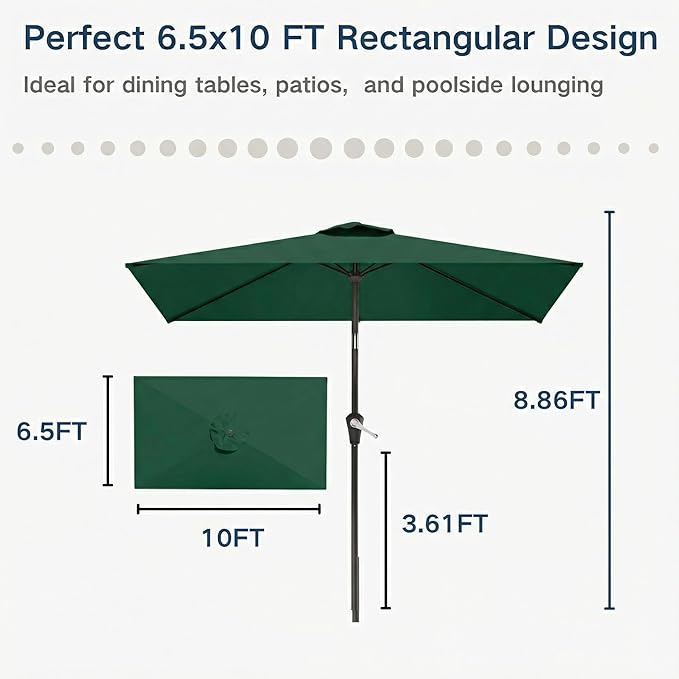 6.5' x 10' Rectangular Patio Umbrella Large Outdoor Market Umbrella w/UV Protection, Push Button Tilt and Crank Lift, Rectangle Table Umbrella for Garden, Deck, Pool, Patio, Forest Green