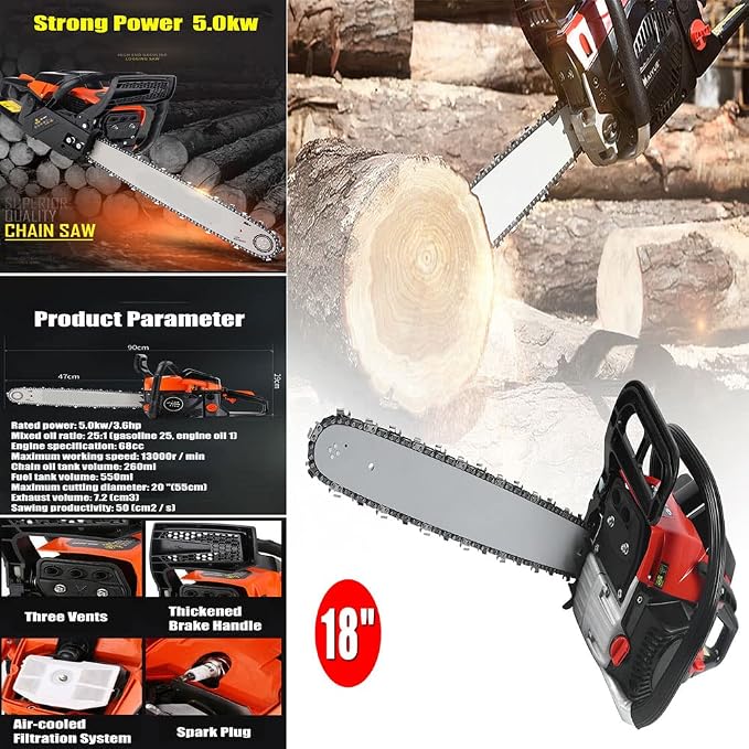 68cc 2-Cycle Gas Chainsaw 18Inch Gasoline Powered Chainsaw Handheld Anti-vibration System Gasoline Chain Saw Kits for Cutting Wood Outdoor Garden Farm with Tool Kit Thicken the Brake Handle USA STOCK