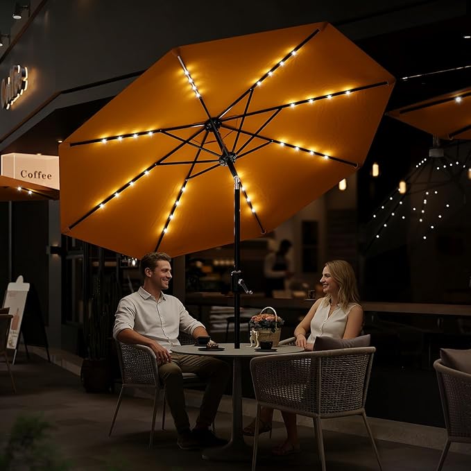Garvee 9/10 FT Solar Patio Umbrella with 32 LED Lights - Outdoor Table Umbrella with Crank Lift, Push Button Tilt and 8 Sturdy Ribs - Market Umbrella UV Protection for Pool, Deck, Yard, Garden