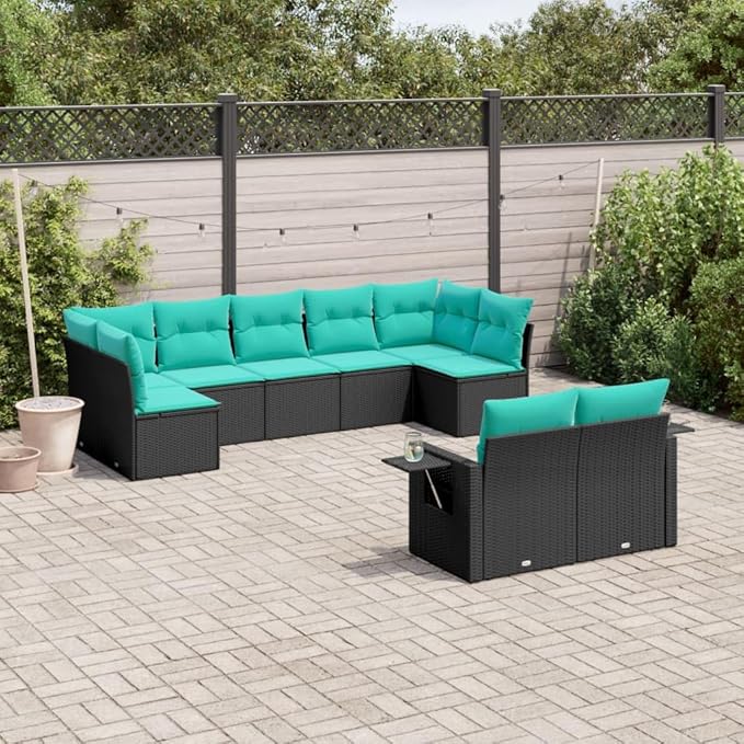 9 Piece Patio Sofa Set with Cushions, Patio Conversation Set Outdoor Dining Sets Garden Lounge Set Front Porch Furniture for Piazza Poolside Exhibition Garden Black Poly Rattan