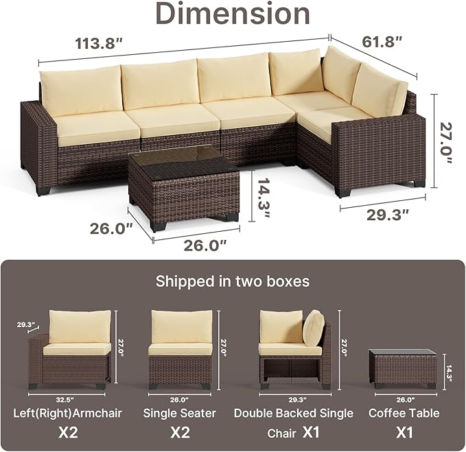 Gizoon 6-Piece Outdoor Patio Furniture Set, PE Wicker Rattan Sectional Sofa Conversation Set with Thickened Cushions, Coffee Table, All-Weather Patio Furniture for Garden, Backyard, Poolside, Beige