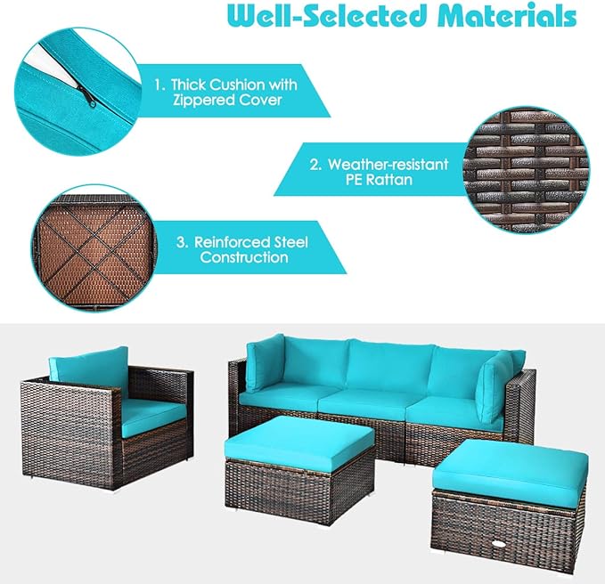 HAPPYGRILL 6 Pieces Patio Conversation Set Outdoor Furniture Set Rattan Wicker Sectional Sofa Set with Soft Cushions Coffee Table Ottoman for Backyard Garden Poolside