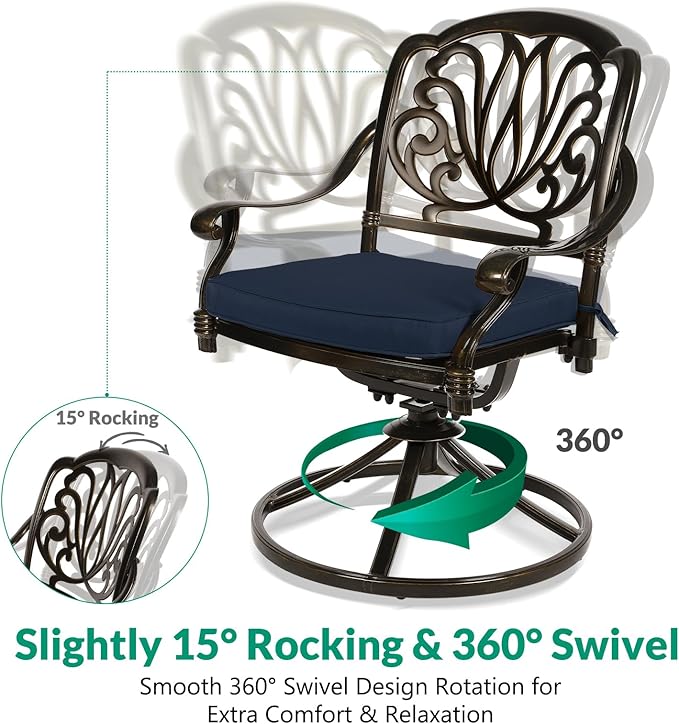 VIVIJASON 9-Piece Patio Dining Set, Rust-Free Cast Aluminum Outdoor Conversation Set, Includes 8 Swivel Dining Chairs & 61" Round Dining Table with 31" Lazy Susan, Umbrella Hole, Navy Blue