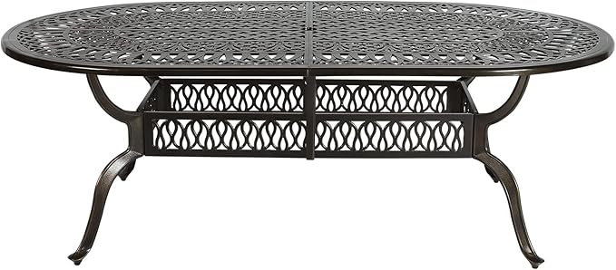 VIVIJASON Large Patio Dining Table, Outdoor Oval Dining Table Fits for 6-8 Person, Bronze Cast Aluminum Rustic Patio Table with Umbrella Hole for Balcony, Porch and Deck
