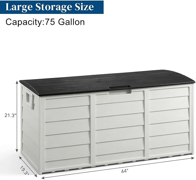 75 Gallon Outdoor Storage Box, 260L Waterproof Resin Deck Box for Patio Furniture Cushions, Garden Tools and Yard Accessories, Lockable Storage Chest with Wheels and Handles (Black+White)