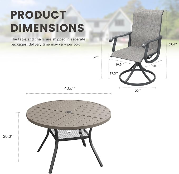 Outdoor Dining Set for 4, 40.7" Metal Round Outdoor Dining Table with Umbrella Hole and Sling Patio Swivel Chairs, 5 Pieces Patio Table and Chairs Set for Garden Backyard, Grey