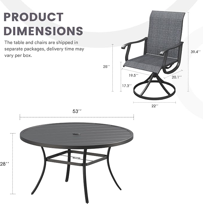 7 Pieces Patio Furniture Dining Set, 6 Textilene Swivel Dining Chairs, 53" Outdoor Round Metal Table with 1.57" Umbrella Hole, Outdoor Dining Set for Porch, Lawn, Garden, Black/Black