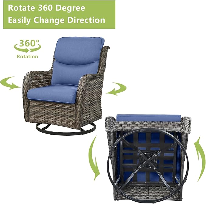 Rilyson Wicker Rocking Chair Swivel Chairs - 3 Piece Rocker Patio Furniture Set Rattan Rocking Bistro Sets with Glass Top Side Table for Outdoor Porch Deck Garden Backyard (Mixed Grey/Blue/Smile)