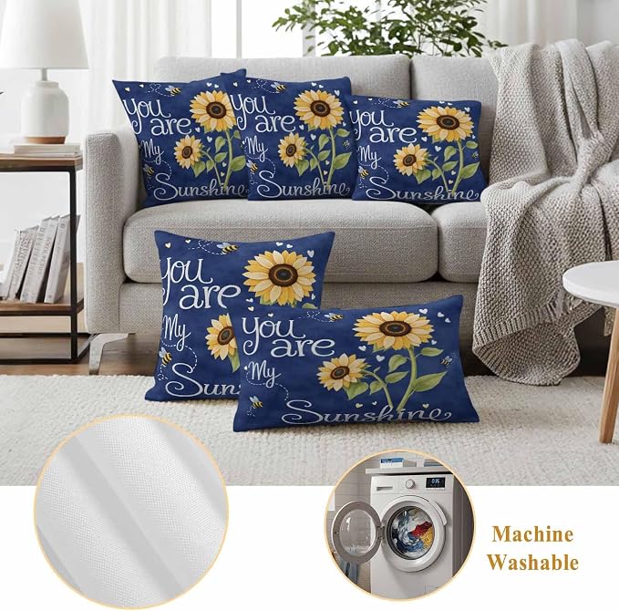 Outdoor Pillow Covers You are My Sunshine Words Decorative Throw Pillow Covers, Farm Sunflowers Bee on Blue Throw Cushion Case with Zipper for Patio,Couch,Sofa,Garden 20x12in Set of 2