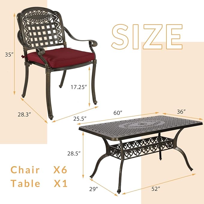 7-Piece Outdoor Patio Dining Set, 60” Rectangular Cast Aluminum Dining Table with Umbrella Hole and 6 Outdoor Dining Cushioned Chairs, Patio Funiture Set for Backyard, Patio, Garden, Red