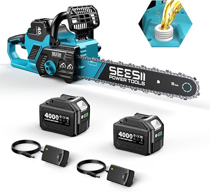 SEESII 40V 16-Inch Cordless Chainsaw: Brushless Electric Chain Saws with 2×4.0Ah Batteries & Charger, Tool-Free Chain Tension, Auto Oiling, for Tree Trimming, Wood Cutting, Yard Work
