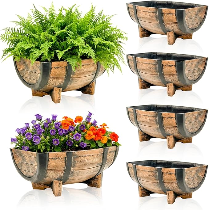 Whiskey Barrel Planter,Set of 6 Half Barrel Planters for Outdoor Plants with Removable Drain Screen,Weather Resistant Plastic Flower Pots for Indoor Outdoor Garden,Patio,Lawn,16.14x11.8x7.28 Inch