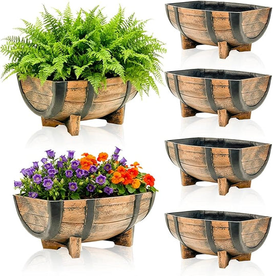 Whiskey Barrel Planter,Set of 6 Half Barrel Planters for Outdoor Plants with Removable Drain Screen,Weather Resistant Plastic Flower Pots for Indoor Outdoor Garden,Patio,Lawn,16.14x11.8x7.28 Inch