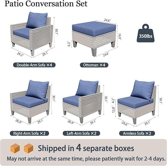 Outdoor Patio Furniture Set 14-Piece Modular Wicker Sectional Sofa with Ottomans and Thick Cushions, Modern Rattan Outdoor Conversation Couch for Garden Backyard, Navy